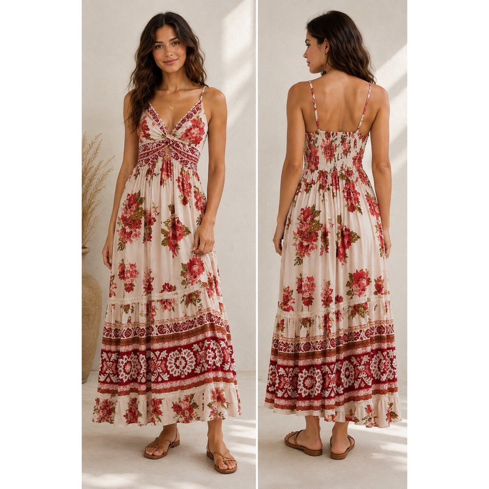 Angie Floral Boho Maxi Dress Cream Red Pink Size M V-Neck Smocked Back Rayon